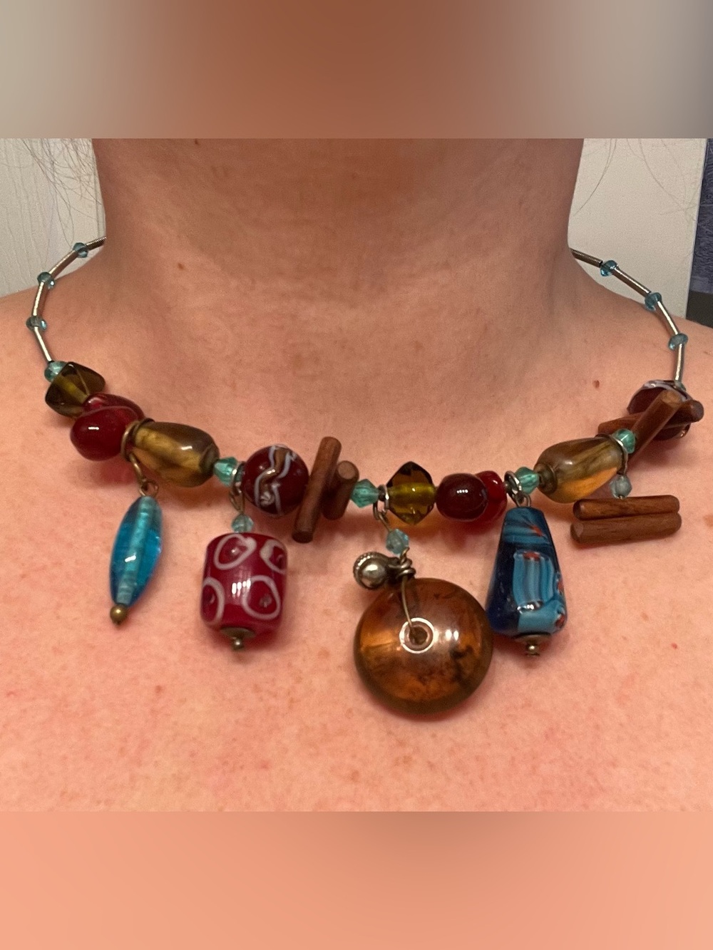 Boho-style Glass & wood Bead rigid collar necklace in Amber, Red & Turquoise